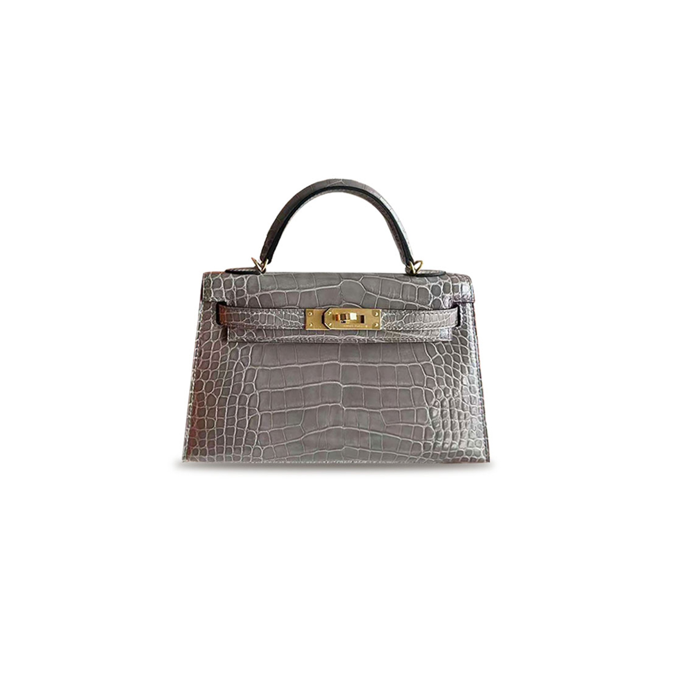 H**mes master mini kelly ii glossy crocodile turtledove gray gold buckle (19*12*5.5cm)